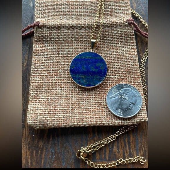 Genuine Lapis Lazuli Round Pendant Lapis Necklace Minimalist Crystal Necklace - Picture 2 of 2